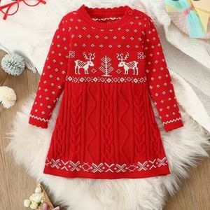 🆕 Sweet long sleeve knit red & white Christmas reindeer sweater dress